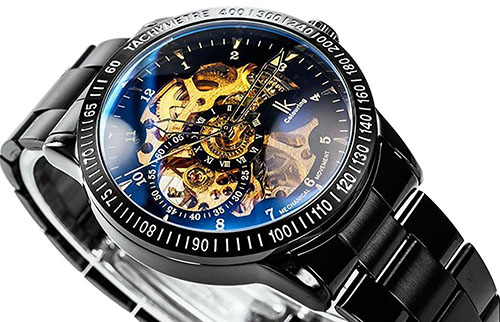 6. GuTe Casual Mens Black Steel Skeleton Automatic Mechanical Coated Glass Wristwatch Golden Dial