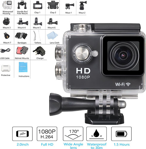 4. Mesqool 2.0 Inch Full HD 1080p 12MP WIFI Action Camcorder 170°Wide-angle Glass Len Mini Waterproof Diving Sports Video Camera