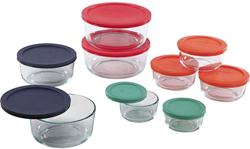 7. Pyrex 1110141 18pc Glass Food Storage With Multi-colored Lids