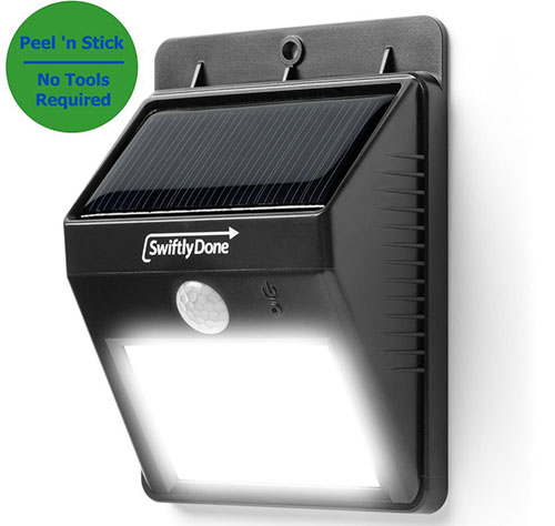 3. Swiftly Done Bright Solar Power Outdoor LED Light No Tools Required Peel and Stick Motion Activated