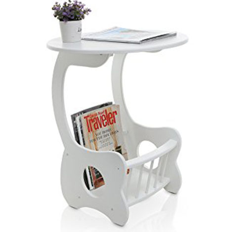 1. MyGift White Wood Pedestal End Table, Round Display Stand with Magazine Rack