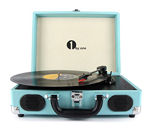 10. 1byone Turquoise Portable Stereo Turntable with Built in Speakers