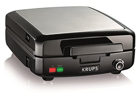 5. KRUPS 4-Slice Silver and Black Belgian Waffle Maker (GQ502D)