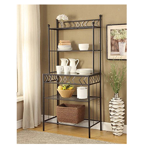 5. Five tier Black Metal Glass Shelves Bakers Rack 