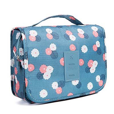 6. HaloVa Toiletry Bag for Women Girls, Blue Flowers