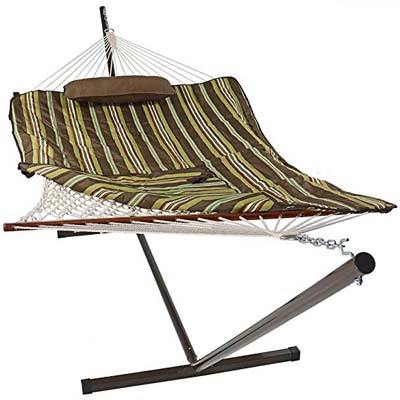 3. Sunnydaze Cotton Rope Hammock with 12 Foot Steel Stand and Spreader Bar